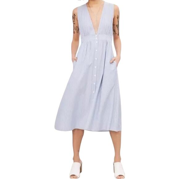 Urban Outfitters Kimchi Blue Plunging Button Down Midi Dress Striped Blue 2 - Picture 1 of 8